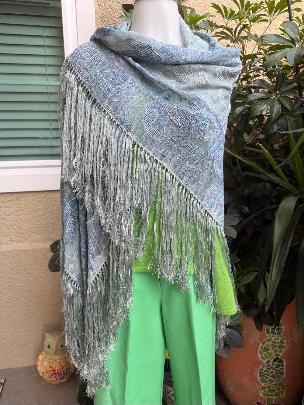 Vintage 40’s Light Gray Floral Fringe Super Large Silk Shawl Wrap